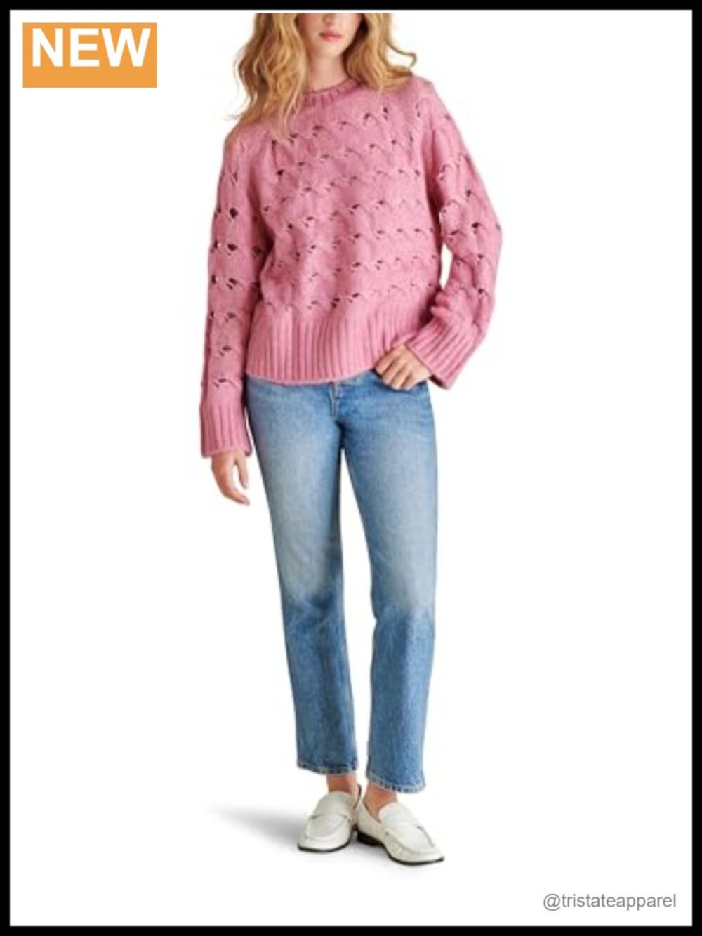 Cable Knit Crew Neck Pullover Sweater Loose Fit Long Sleeve